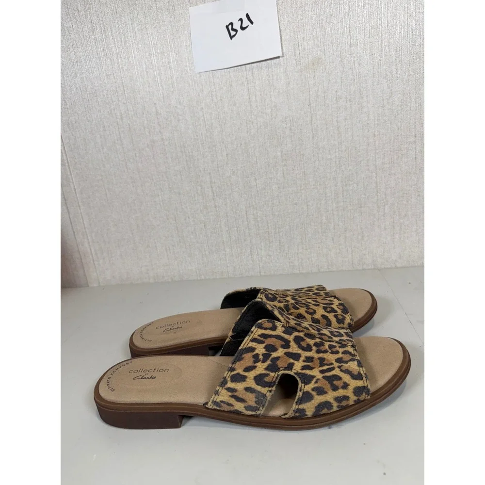 Clarks Declan Flo Leopard Print Flat Slide‎ Sandal Leather 8M